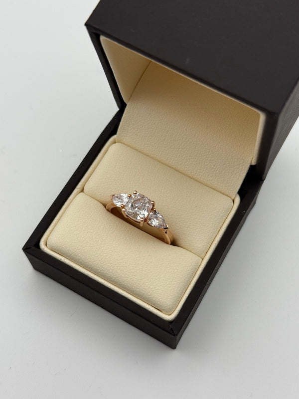 1.5ct Cushion Trilogy Lab Grown Diamond Engagement Ring with two Pear Shoulder Diamonds