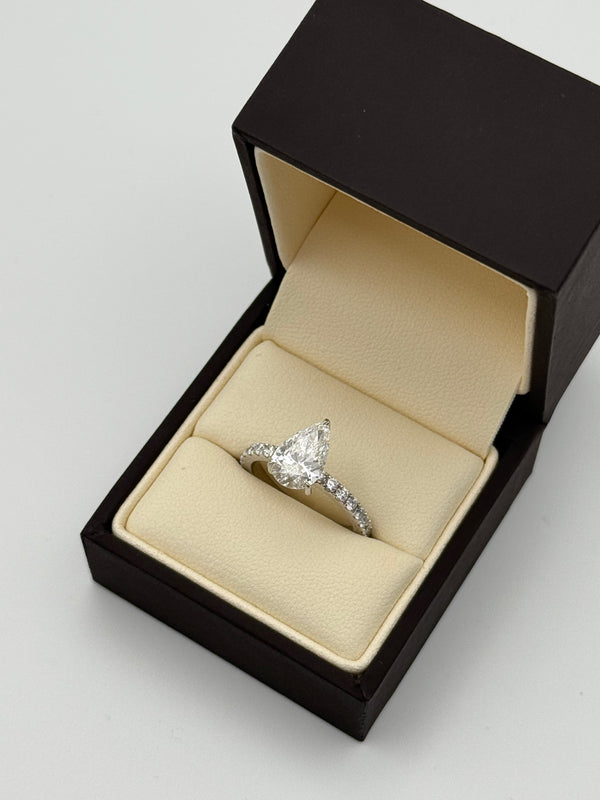 2ct Pear/Teardrop Lab Grown Diamond Engagement Ring with 18K White Gold full iced Pave Band by Aura Diamonds