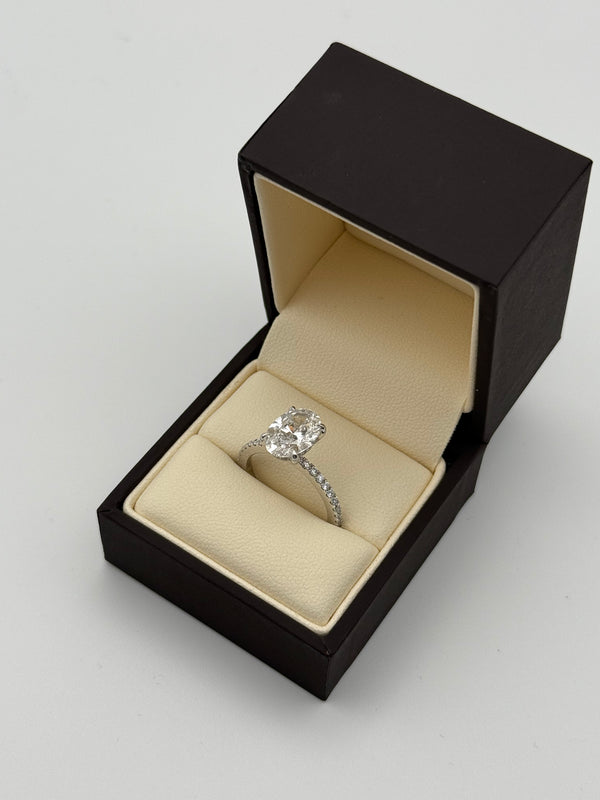 2.5ct Oval Lab Grown Diamond Engagement Ring with 18K White Gold full iced Pave Band by Aura Diamonds